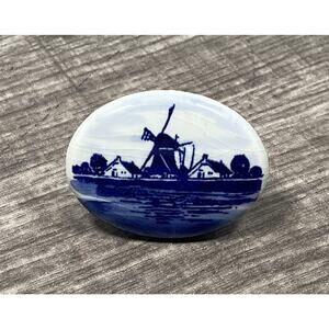 Delft Holland Handmade Blue White Windmill Porcelain Oval Brooch Lapel Pin